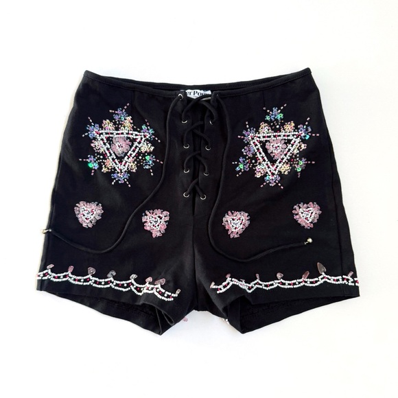HER PONY Pants - HER PONY THE LABEL BLACK PINK WHITE HEART BEADED SEQUIN HIGH RISE LACE UP SHORTS